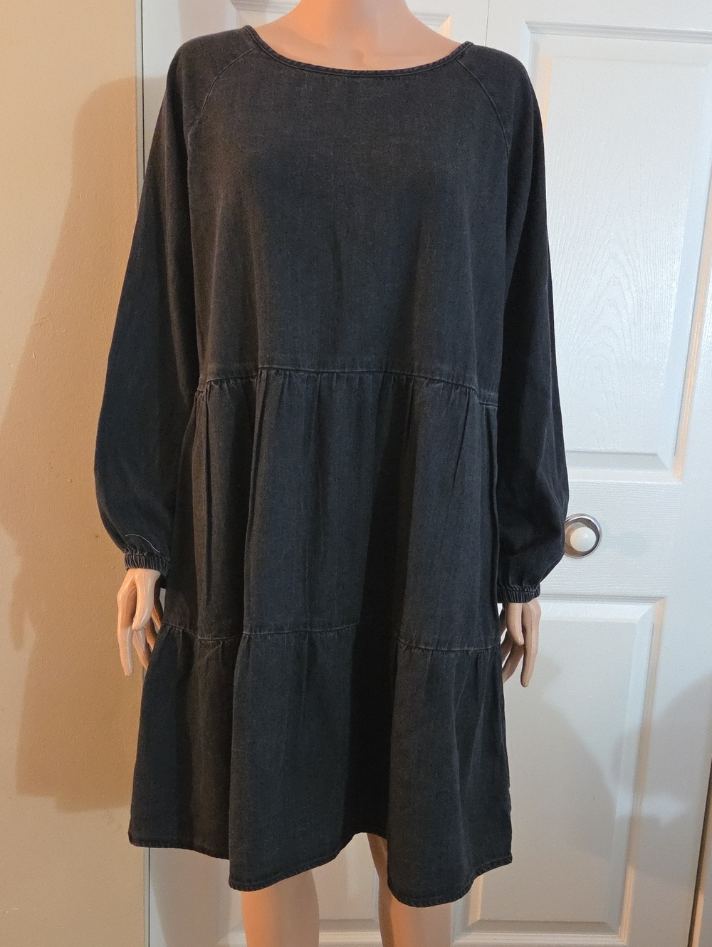 Washed Black Long Sleeve Tiered Dress — Women's Casual